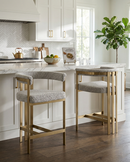 BS380 Architectural Boucle Bar Stool with Matte Brushed Flat-Strap Frame & Floating Back