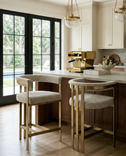 BS380 Architectural Boucle Bar Stool with Matte Brushed Flat-Strap Frame & Floating Back