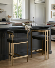 BS380 Architectural Boucle Bar Stool with Matte Brushed Flat-Strap Frame & Floating Back