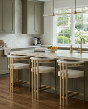 BS380 Architectural Boucle Bar Stool with Matte Brushed Flat-Strap Frame & Floating Back