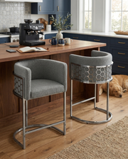 CH030 Modern Teddy Fabric Counter Height Bar Stools with Pleated Back, Ring Pull & Sled Base