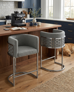 CH030 Modern Teddy Fabric Counter Height Bar Stools with Pleated Back, Ring Pull & Sled Base