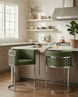 CH030 Modern Teddy Fabric Counter Height Bar Stools with Pleated Back, Ring Pull & Sled Base