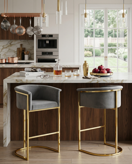 CH210  Modern Velvet Counter Height Bar Stools with Wrap-Around Arms & Sculptural [Gold / Chrome] Legs