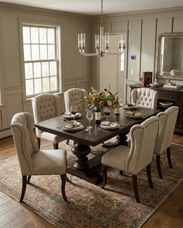 104-Inch Traditional Dark Wood Pedestal Dining Set with Beige Tufted Wingback Chairs (D35) by Quality Living Furniture