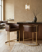 CH014L Modern Leathaire Counter Height Bar Stool with Channel Tufted Back, Wrap-Around Gold Frame & Sled Base
