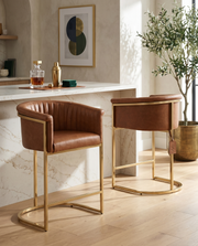 CH014L Modern Leathaire Counter Height Bar Stool with Channel Tufted Back, Wrap-Around Gold Frame & Sled Base