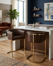 CH014L Modern Leathaire Counter Height Bar Stool with Channel Tufted Back, Wrap-Around Gold Frame & Sled Base