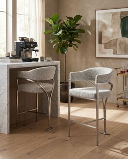 CH300  Architectural Boucle Counter Height Bar Stool with Sweeping Matte Brushed Chrome Armrests