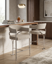 CH300  Architectural Boucle Counter Height Bar Stool with Sweeping Matte Brushed Chrome Armrests