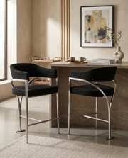 CH300  Architectural Boucle Counter Height Bar Stool with Sweeping Matte Brushed Chrome Armrests