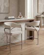 CH300  Architectural Boucle Counter Height Bar Stool with Sweeping Matte Brushed Chrome Armrests