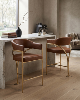 CH304L Architectural Leathaire Counter Height Bar Stool with Sweeping Matte Brushed Gold Armrests