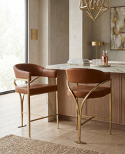 CH304L Architectural Leathaire Counter Height Bar Stool with Sweeping Matte Brushed Gold Armrests