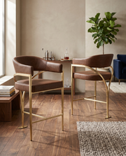 CH304L Architectural Leathaire Counter Height Bar Stool with Sweeping Matte Brushed Gold Armrests