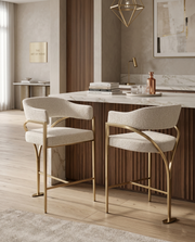 CH306 Architectural Boucle Counter Height Bar Stool with Sweeping Matte Brushed Gold Armrests | 38