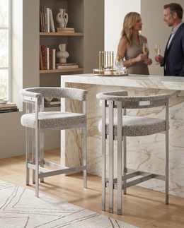 CH380 Architectural Boucle Counter Height Bar Stool with Matte Brushed Chrome Flat-Strap Frame & Floating Back