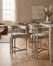 CH380 Architectural Boucle Counter Height Bar Stool with Matte Brushed Chrome Flat-Strap Frame & Floating Back