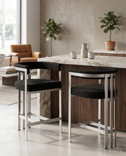 CH380 Architectural Boucle Counter Height Bar Stool with Matte Brushed Chrome Flat-Strap Frame & Floating Back