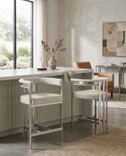 CH380 Architectural Boucle Counter Height Bar Stool with Matte Brushed Chrome Flat-Strap Frame & Floating Back