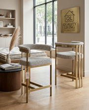 CH384 Architectural Boucle Counter Height Bar Stool with Matte Brushed Gold Flat-Strap Frame & Floating Back