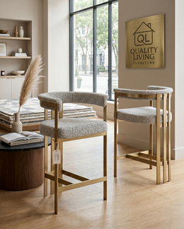CH384 Architectural Boucle Counter Height Bar Stool with Matte Brushed Gold Flat-Strap Frame & Floating Back
