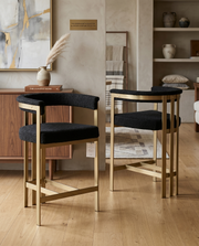 CH384 Architectural Boucle Counter Height Bar Stool with Matte Brushed Gold Flat-Strap Frame & Floating Back