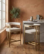 CH384 Architectural Boucle Counter Height Bar Stool with Matte Brushed Gold Flat-Strap Frame & Floating Back