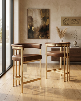 CH384L Architectural Leathaire Counter Height Bar Stool with Matte Brushed Gold Flat-Strap Frame & Floating Back
