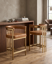 CH384L Architectural Leathaire Counter Height Bar Stool with Matte Brushed Gold Flat-Strap Frame & Floating Back