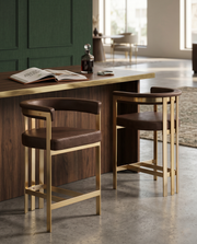 CH384L Architectural Leathaire Counter Height Bar Stool with Matte Brushed Gold Flat-Strap Frame & Floating Back