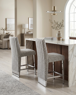 CH560 Luxury High Back Boucle Counter Height Bar Stool with Nailhead Trim & Architectural Chrome Base
