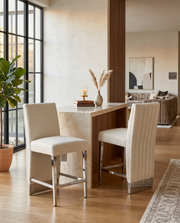 CH560 Luxury High Back Boucle Counter Height Bar Stool with Nailhead Trim & Architectural Chrome Base