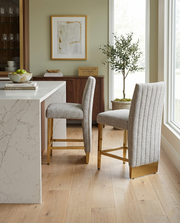 CH564 Luxury High Back Boucle Counter Height Bar Stool with Gold Nailhead Trim & Architectural Gold Base