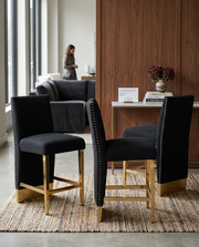 CH564 Luxury High Back Boucle Counter Height Bar Stool with Gold Nailhead Trim & Architectural Gold Base