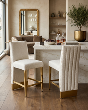 CH564 Luxury High Back Boucle Counter Height Bar Stool with Gold Nailhead Trim & Architectural Gold Base
