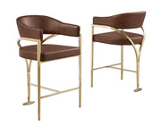 CH304L Architectural Leathaire Counter Height Bar Stool with Sweeping Matte Brushed Gold Armrests
