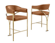 CH304L Architectural Leathaire Counter Height Bar Stool with Sweeping Matte Brushed Gold Armrests