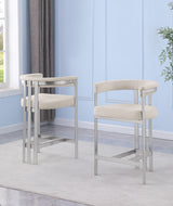 CH380 Architectural Boucle Counter Height Bar Stool with Matte Brushed Chrome Flat-Strap Frame & Floating Back