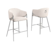 CH450 Architectural Boucle Barrel Counter Height Bar Stool with Sculptural Chrome Frame & Footrest