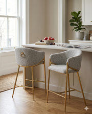 CH454 Architectural Boucle Barrel Counter Height Bar Stool with Sculptural Gold Frame & Footrest