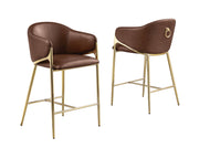 CH454L Architectural Leathaire Barrel Counter Height Bar Stool with Sculptural Gold Frame & Footrest