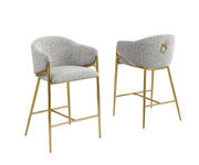 CH454 Architectural Boucle Barrel Counter Height Bar Stool with Sculptural Gold Frame & Footrest