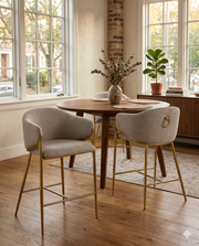 CH454 Architectural Boucle Barrel Counter Height Bar Stool with Sculptural Gold Frame & Footrest