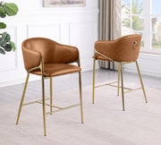 CH454L Architectural Leathaire Barrel Counter Height Bar Stool with Sculptural Gold Frame & Footrest
