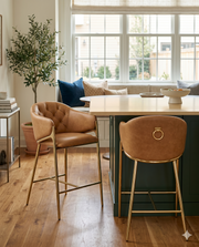 CH454L Architectural Leathaire Barrel Counter Height Bar Stool with Sculptural Gold Frame & Footrest
