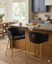 CH454 Architectural Boucle Barrel Counter Height Bar Stool with Sculptural Gold Frame & Footrest