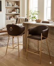 CH454L Architectural Leathaire Barrel Counter Height Bar Stool with Sculptural Gold Frame & Footrest