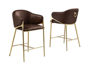 CH454L Architectural Leathaire Barrel Counter Height Bar Stool with Sculptural Gold Frame & Footrest