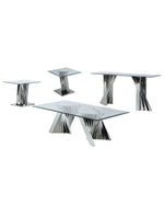 Modern 4 piece glass coffee table set with stainless steel bases, including a coffee table, end tables, and console table